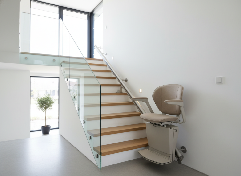 Sitzlift auf gerader Treppe in Schweriner Einfamilienhaus installiert